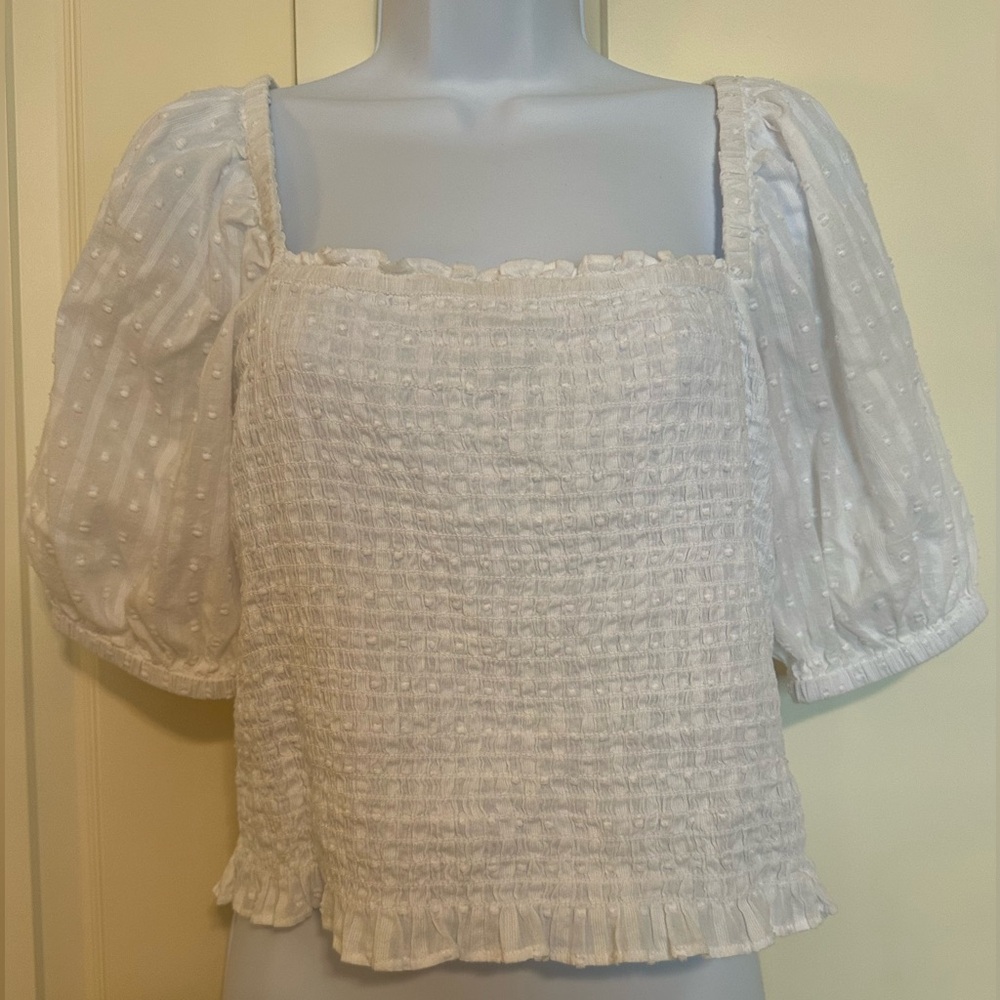 Loft smocked puffed sleeve white top